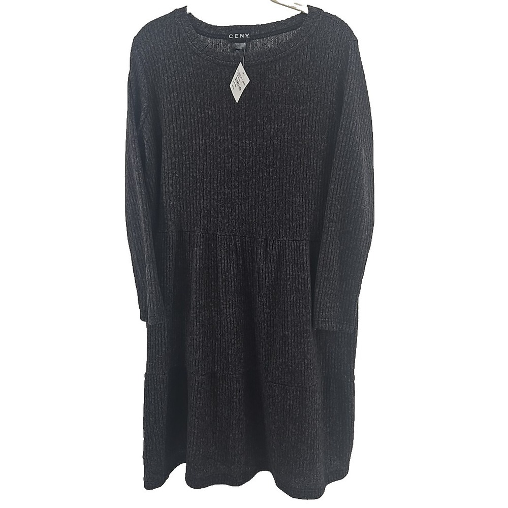 CENY Large Sweater Dress Charcoal Gray Ribbed Soft Knit Mini Dress New